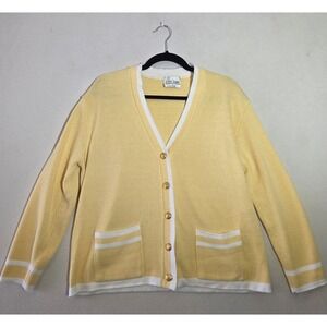 Lester Square Vintage Yellow White Trim Cardigan Gold Crest Buttons Petite Large